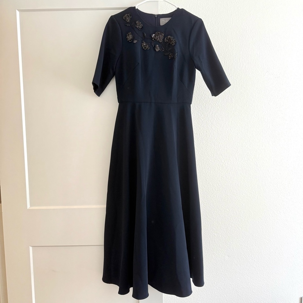 THEIA Dark Blue Dress w/ Sequin Floral Detail